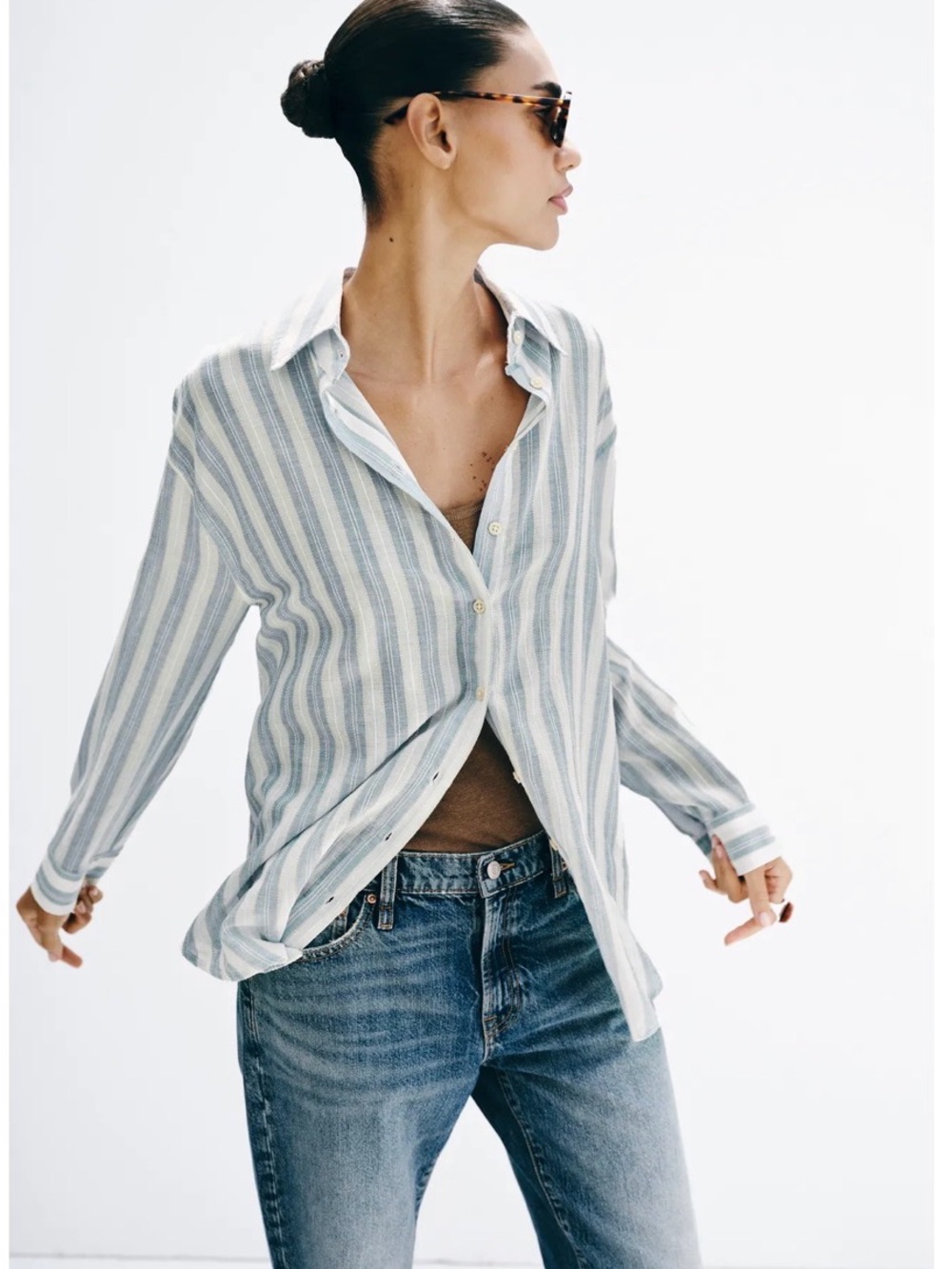 ZARA Striped Linen-Blend Button-Up Shirt in Light Blue & White - Picture 5 of 7